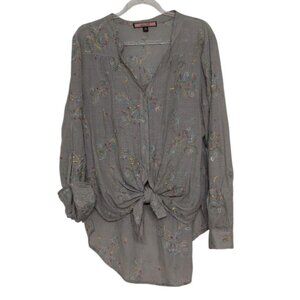 Olive Hill Embroidered Floral Shirt Womens Size Medium Green Roll Tab Sleeves